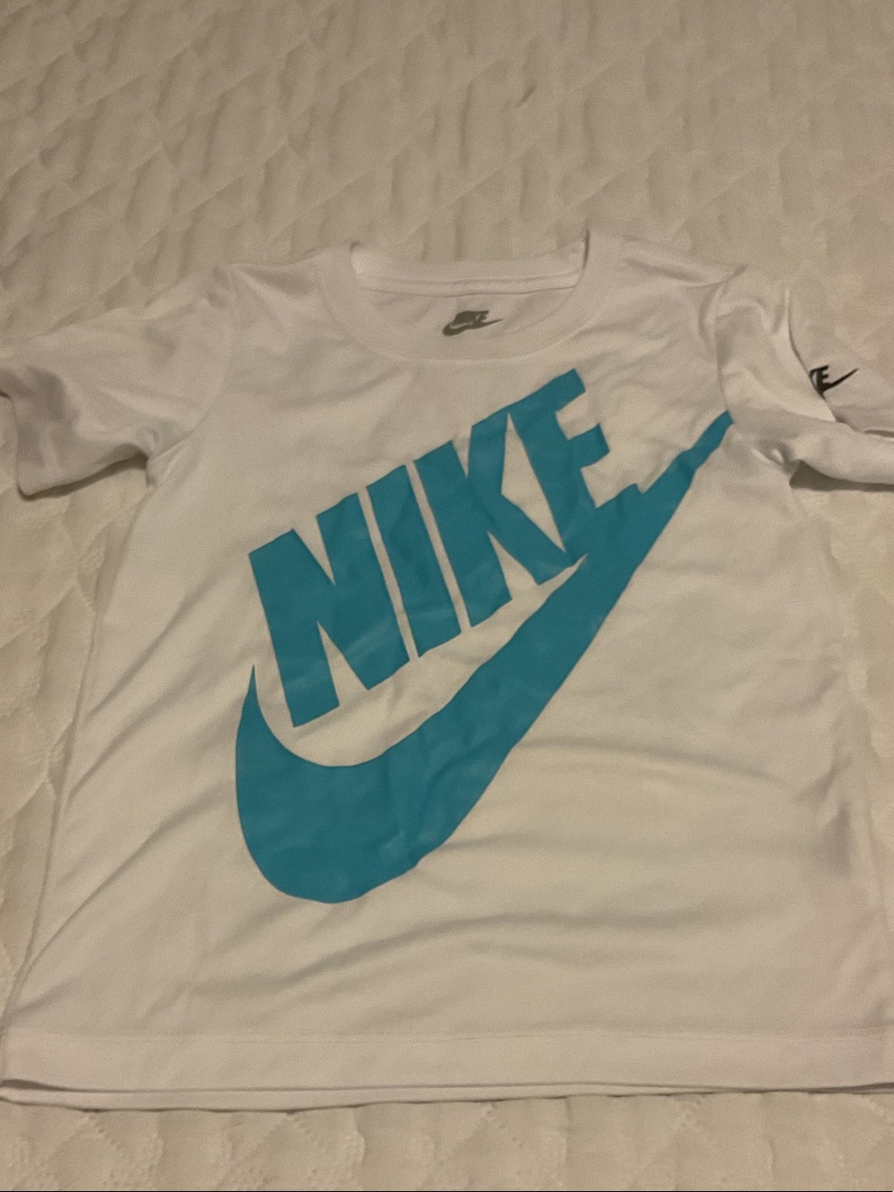 Nike Kids White Tee with Teal Blue Logo